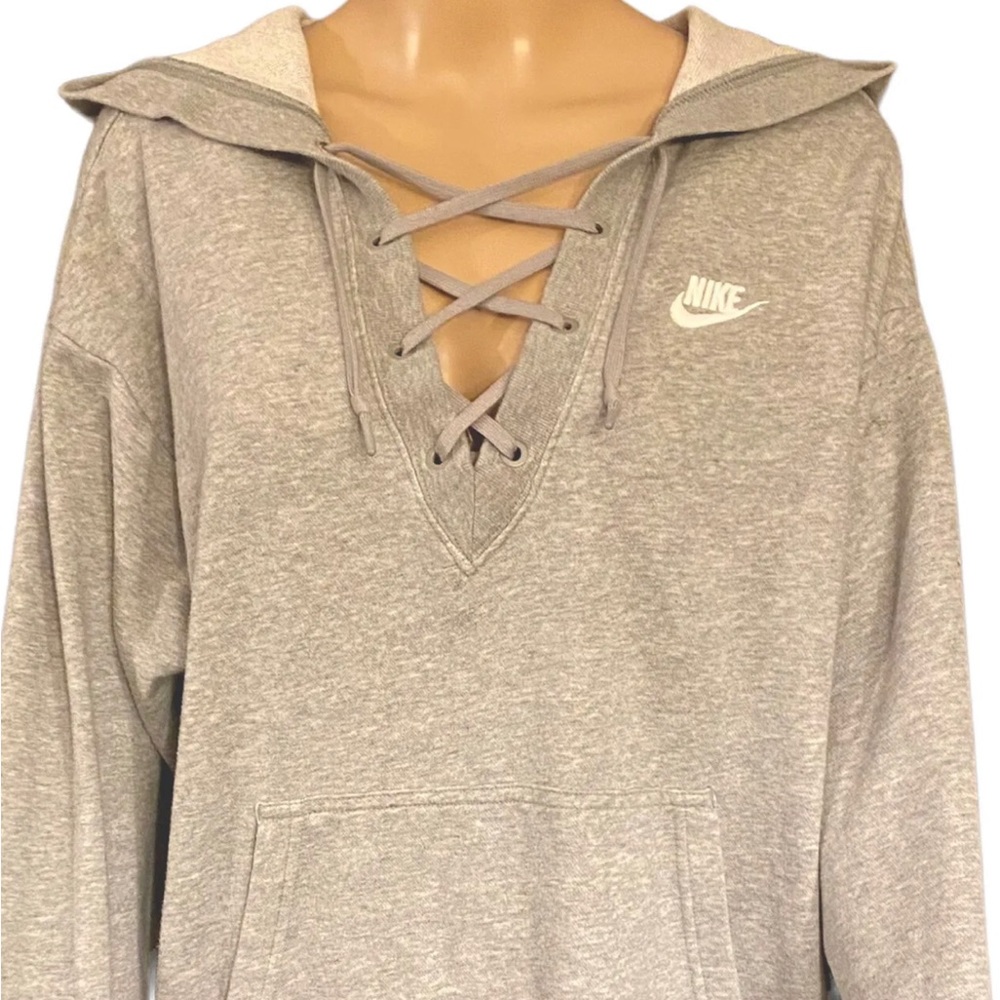 NIKE Hoodie Size S Gray V-Neck  Lace up Pull Over Front Pocket Outerwear Ladies